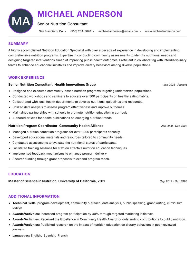 Nutrition Education Specialist resume example — ATS-friendly template