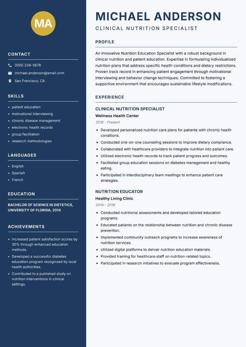 Nutrition Education Specialist resume template — Classic Clean