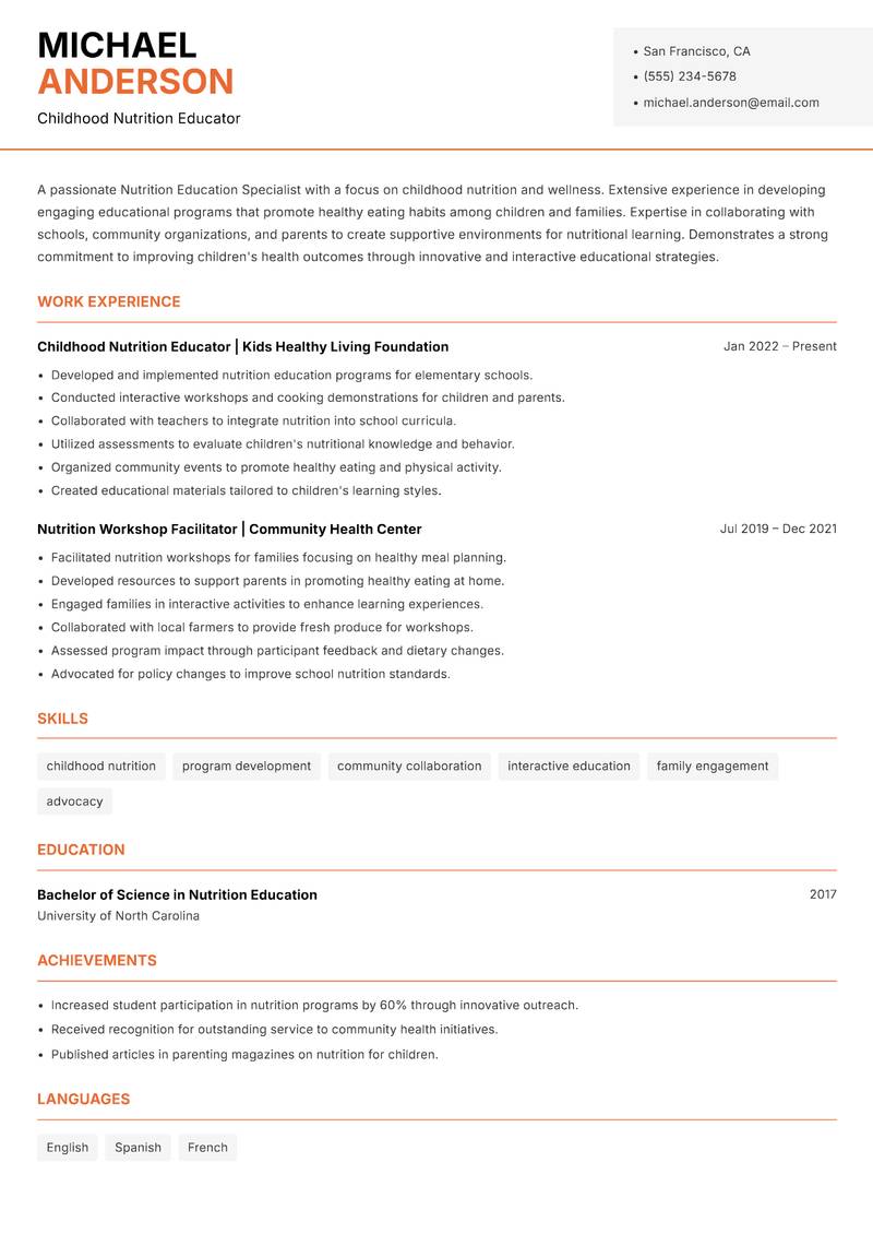 Nutrition Education Specialist resume template — Modern Professional