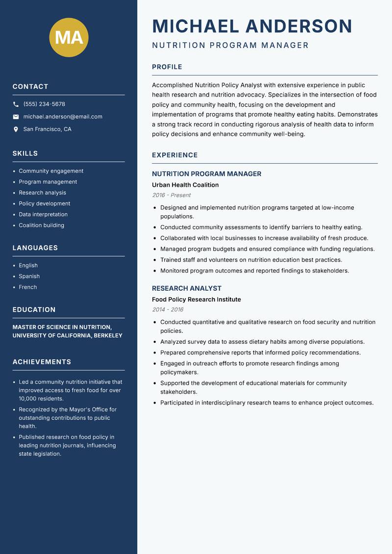 Nutrition Policy Analyst resume template — Classic Clean