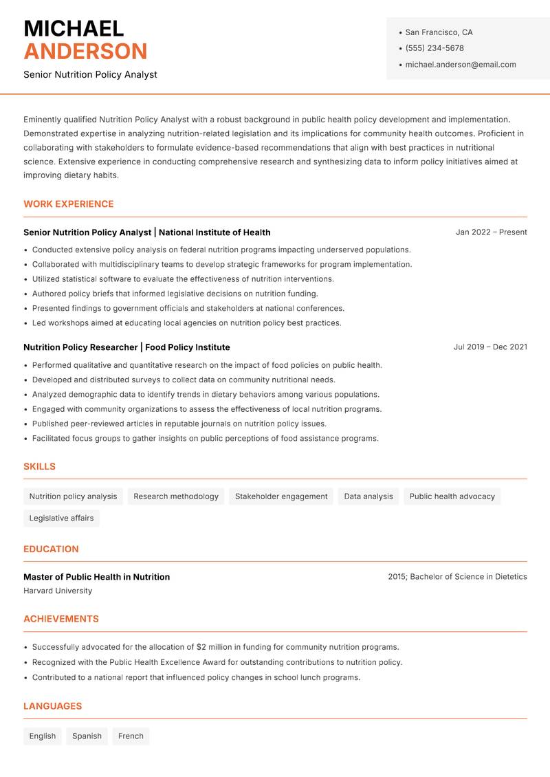 Nutrition Policy Analyst resume template — Modern Professional