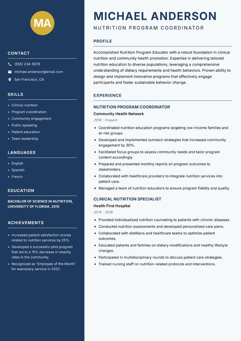 Nutrition Program Educator resume template — Classic Clean