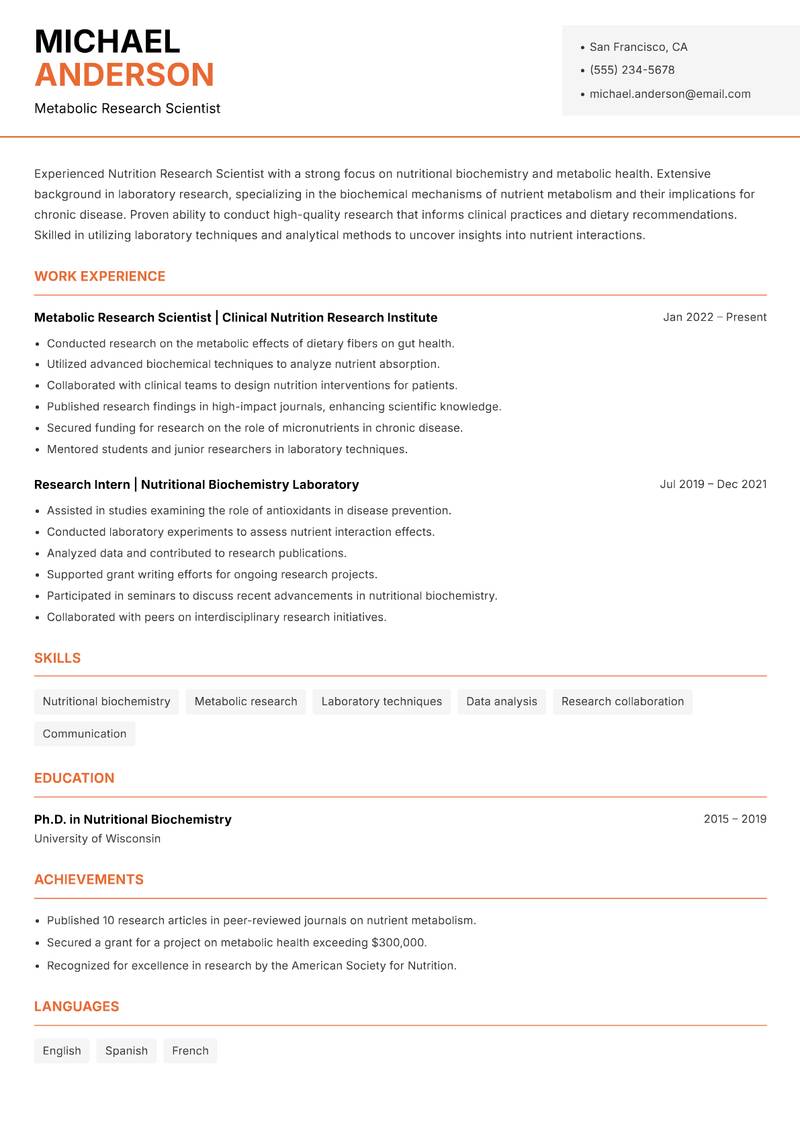 Nutrition Research Scientist resume template — Modern Professional