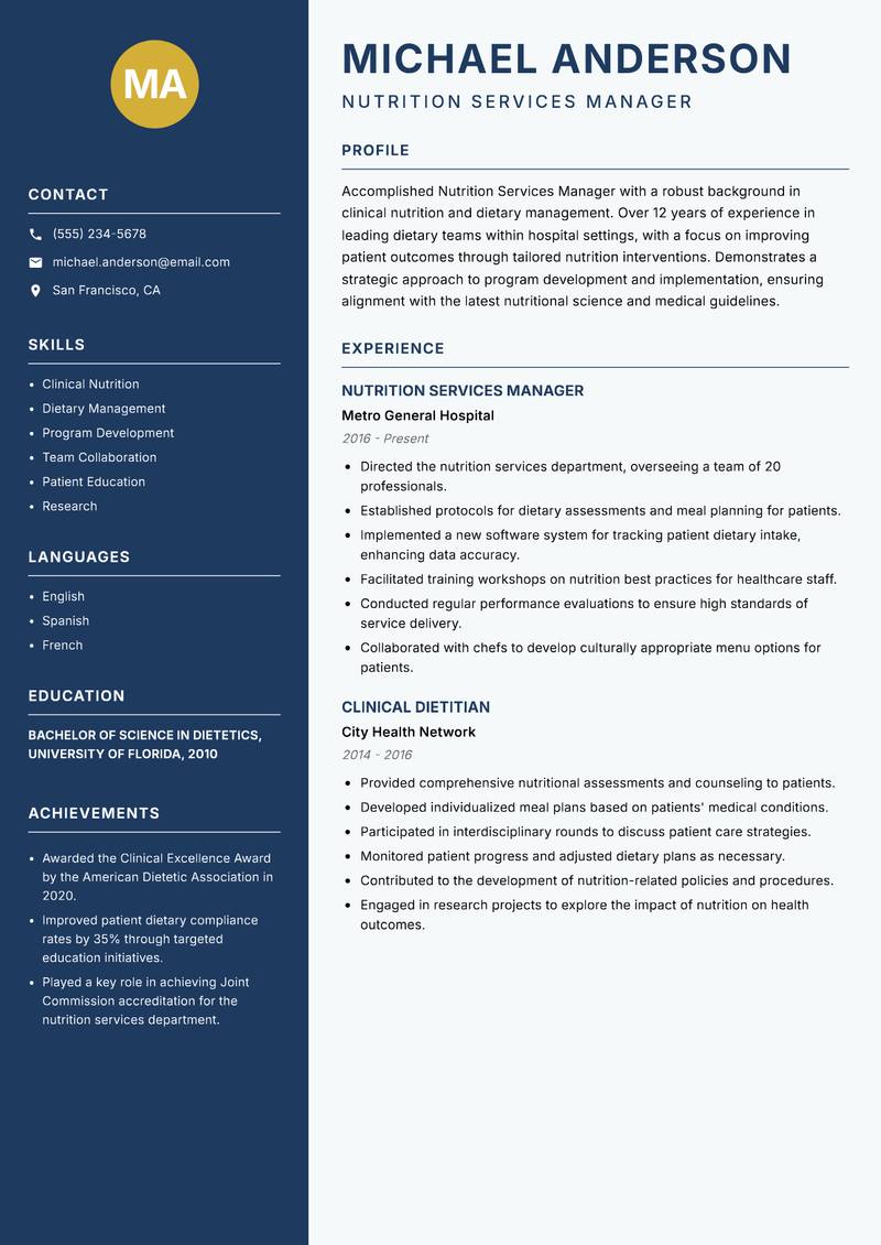 Nutrition Services Manager resume template — Classic Clean