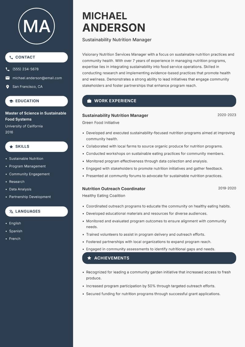 Nutrition Services Manager resume template — Compact