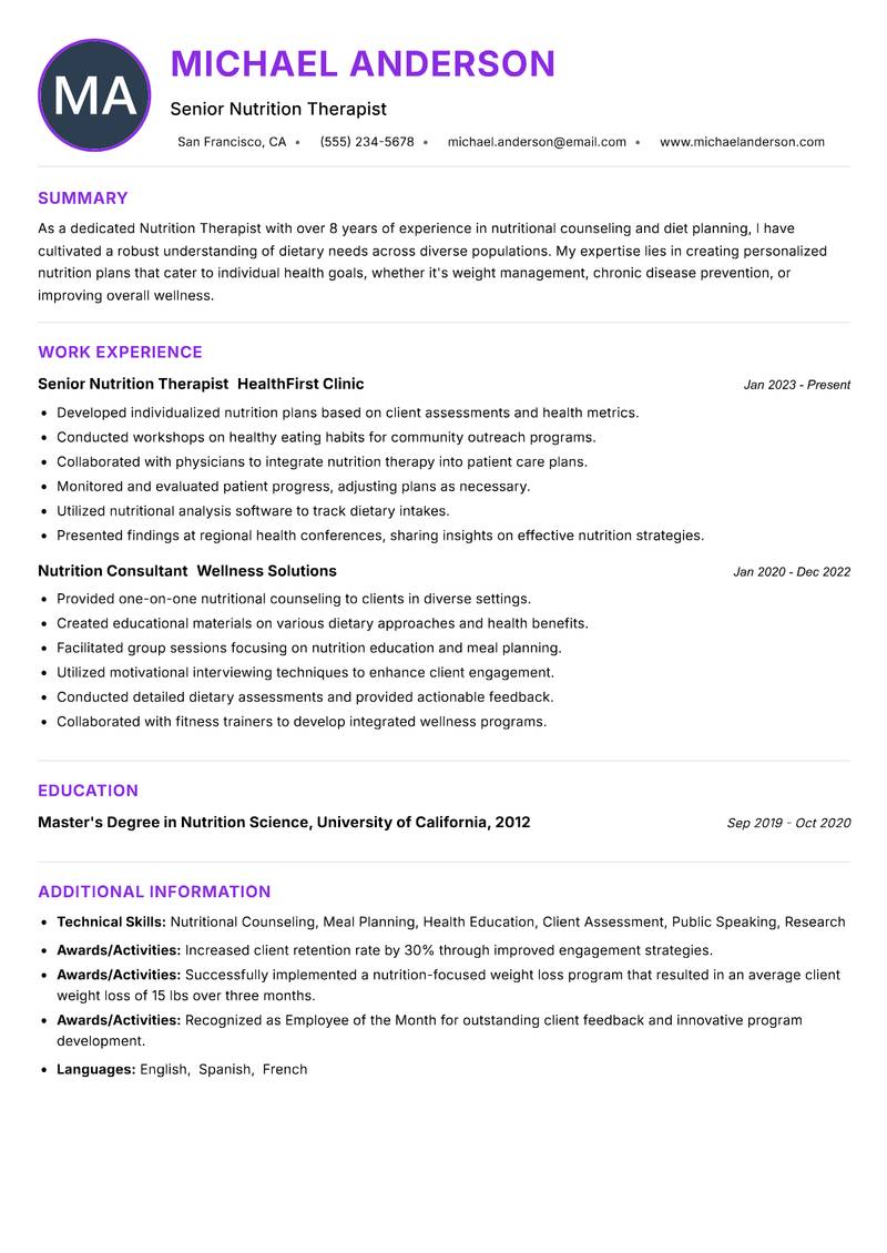 Nutrition Therapist resume example — ATS-friendly template