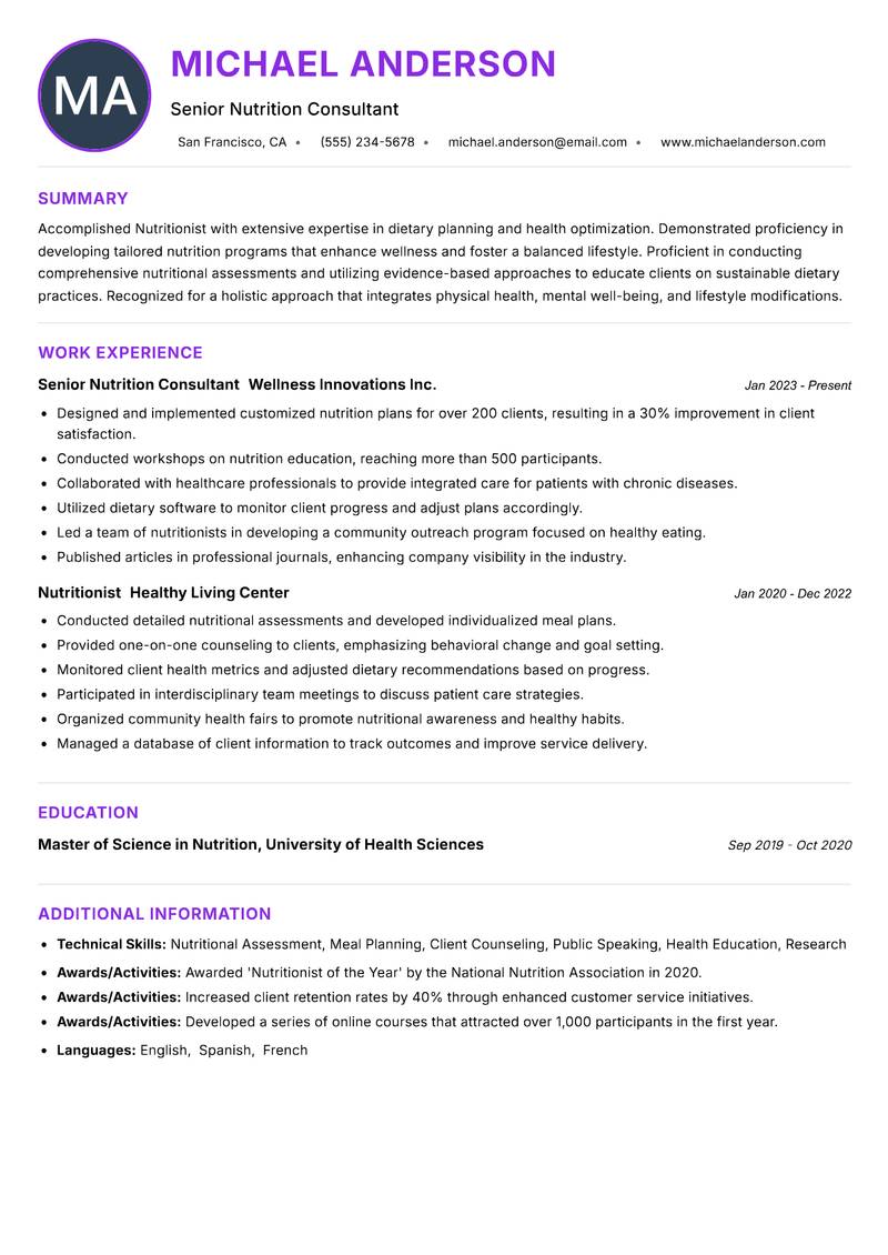 Nutritionist resume example — ATS-friendly template