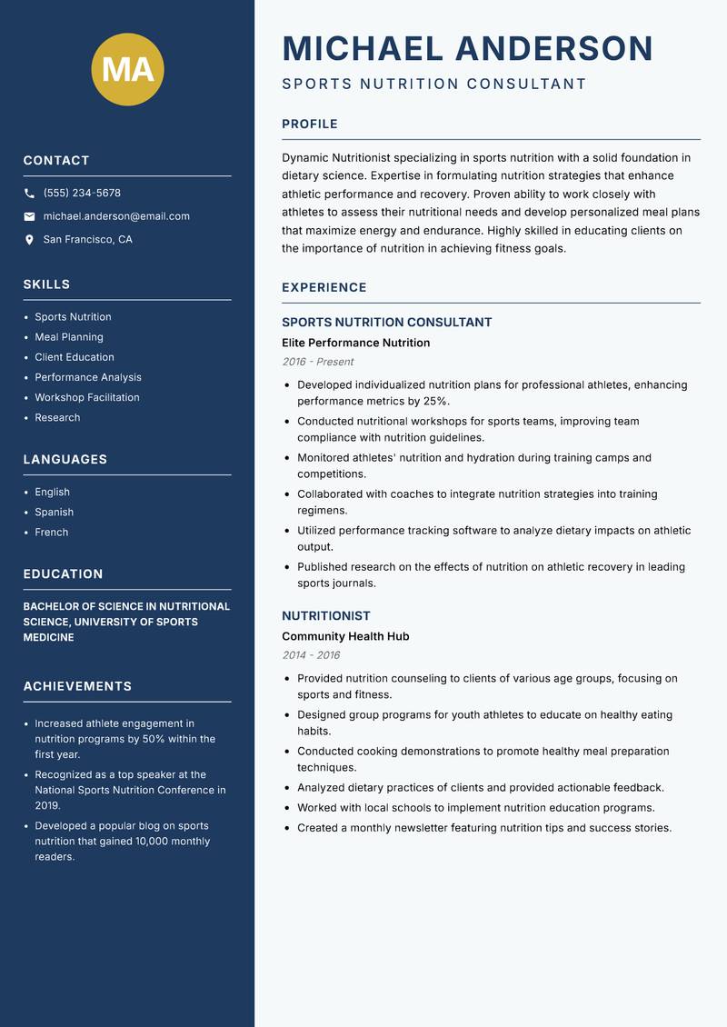 Nutritionist resume template — Classic Clean