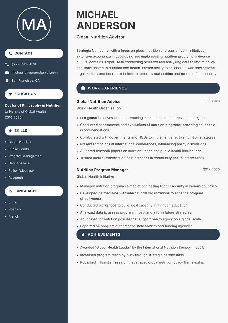 Nutritionist resume template — Compact