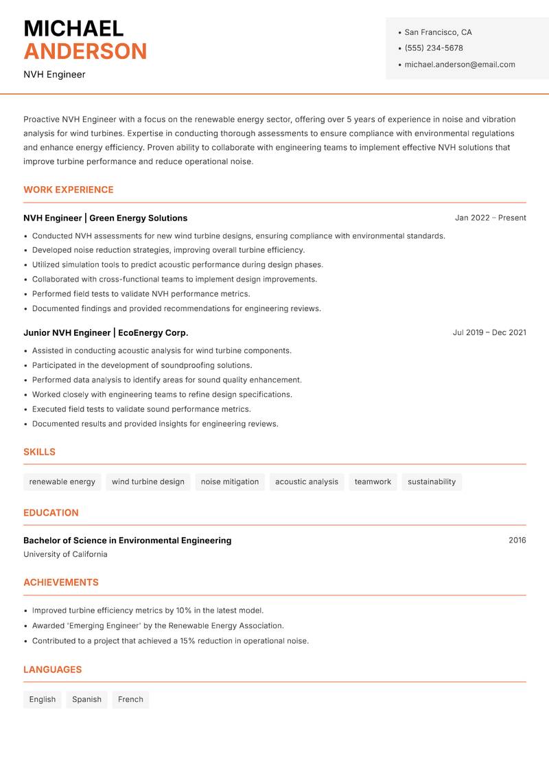 NVH Engineer resume template — Modern Professional