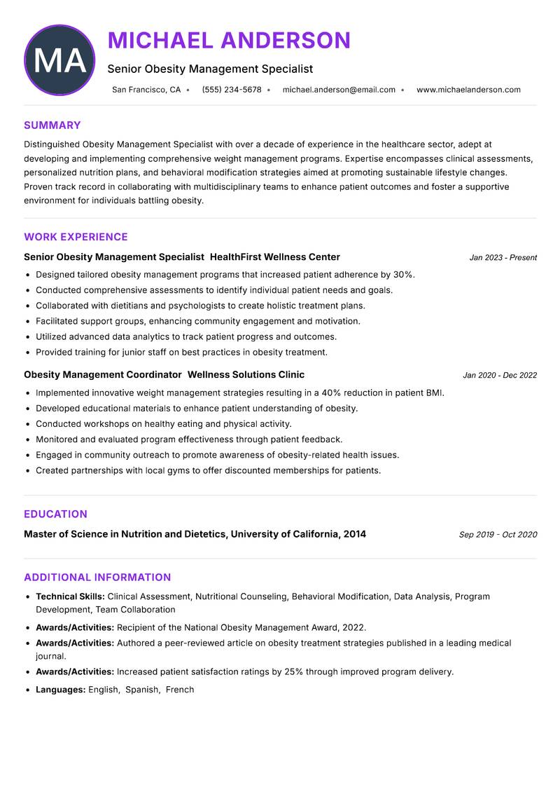 Obesity Management Specialist resume example — ATS-friendly template