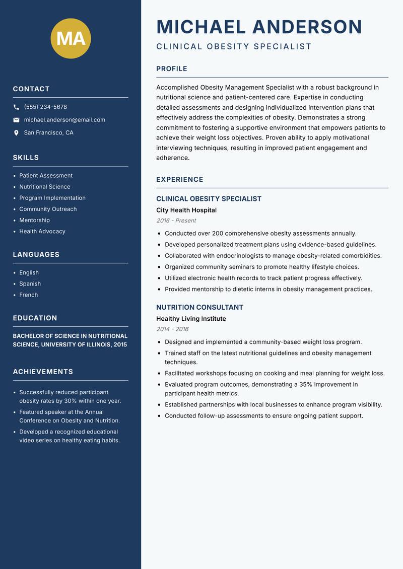 Obesity Management Specialist resume template — Classic Clean