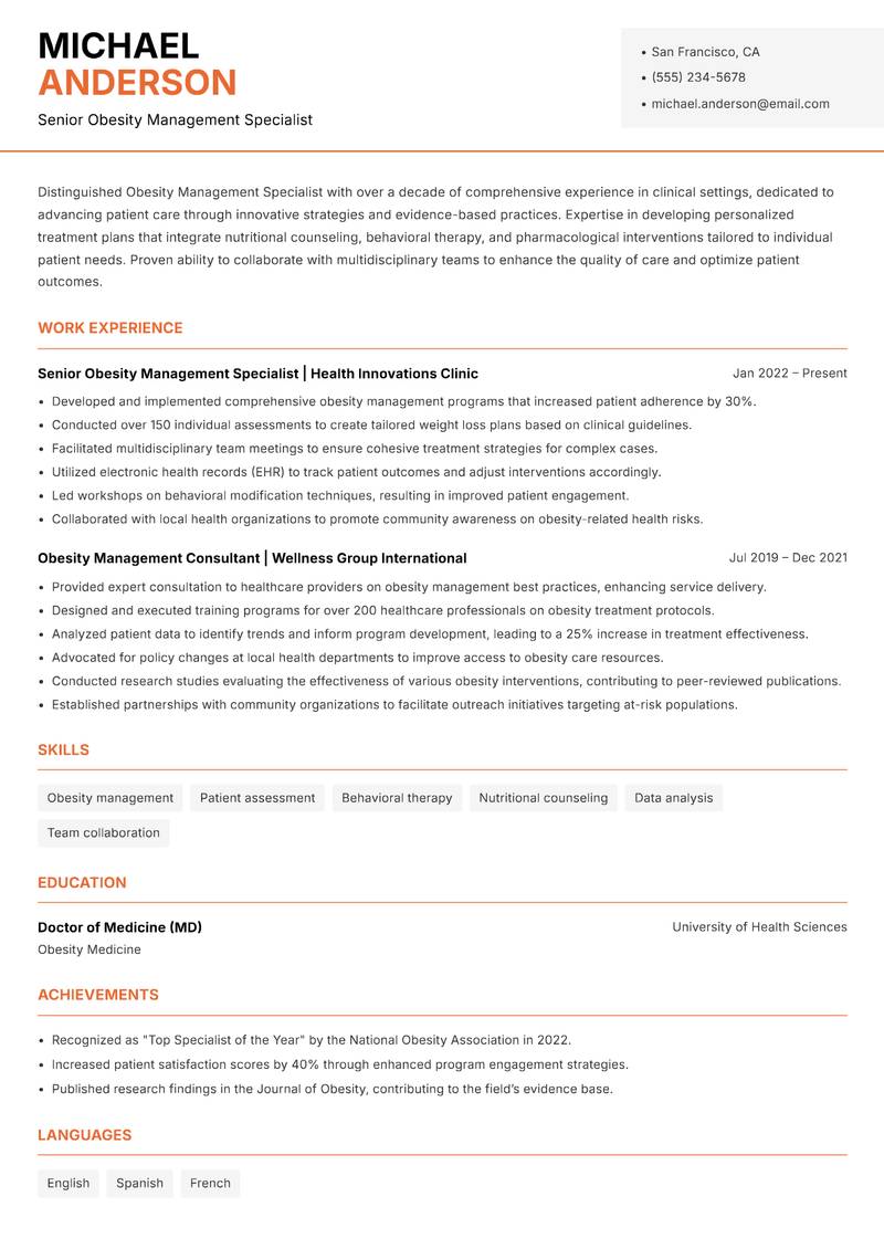 Obesity Management Specialist resume template — Modern Professional