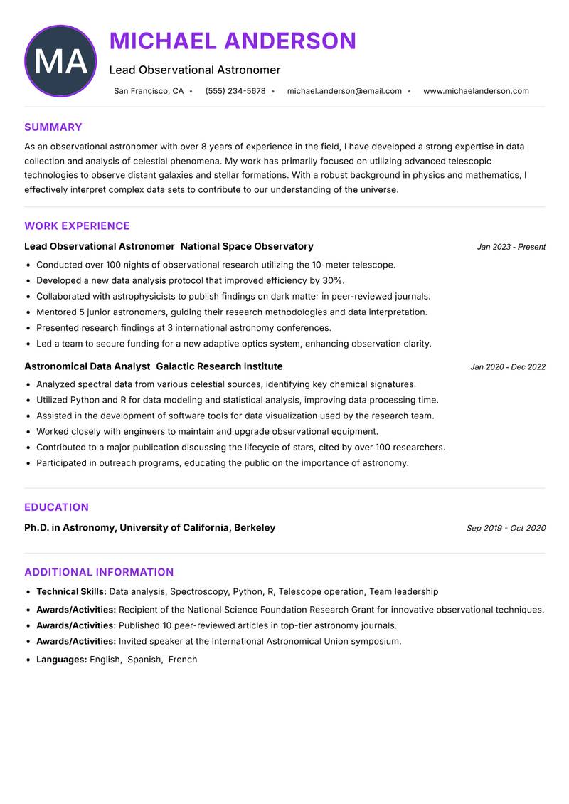 Observational Astronomer resume example — ATS-friendly template