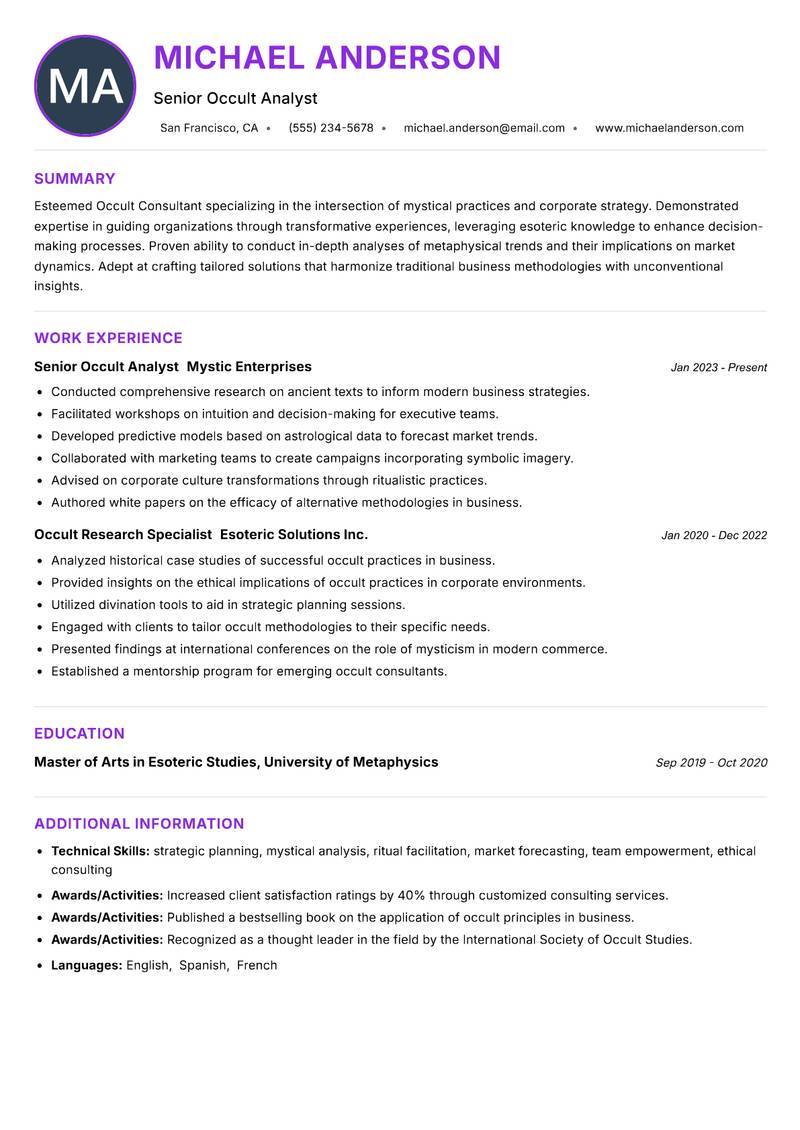 Occult Consultant resume example — ATS-friendly template