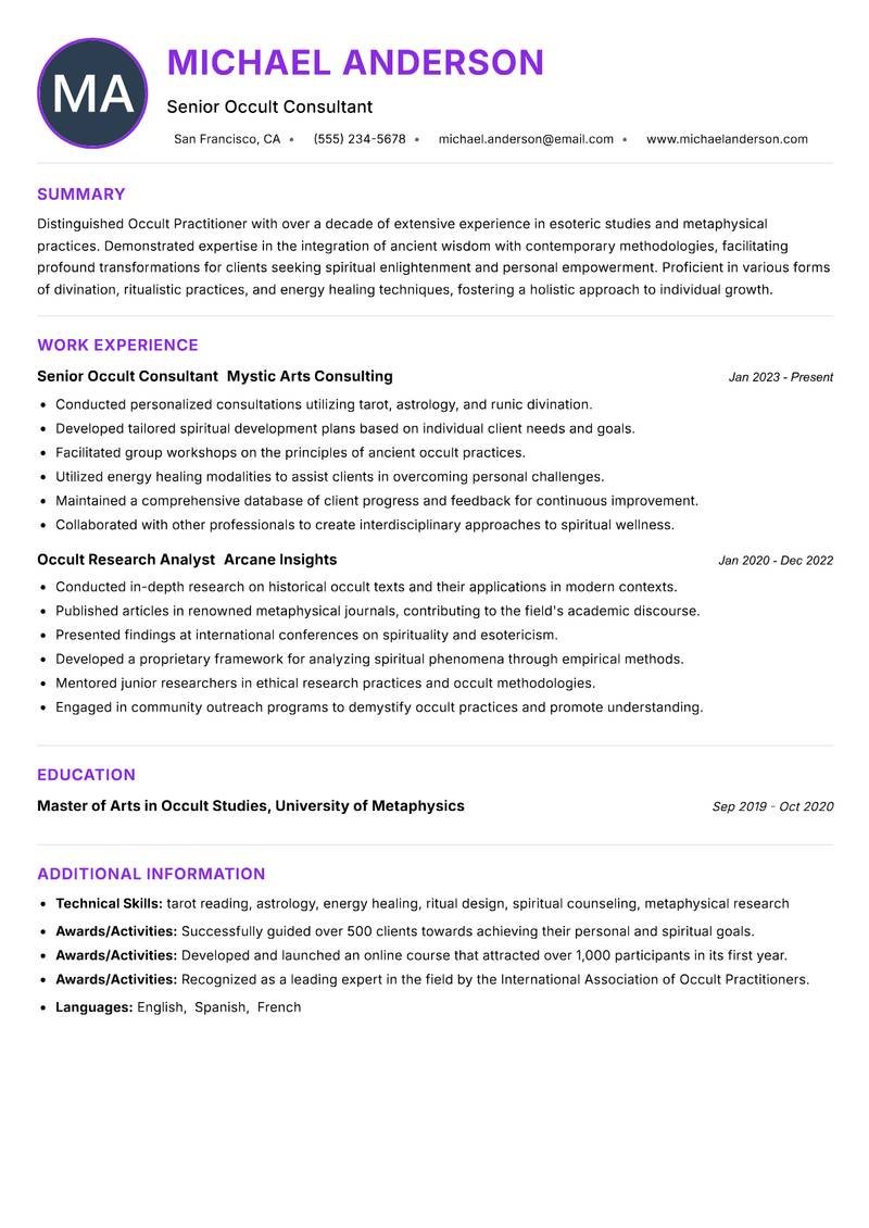 Occult Practitioner resume example — ATS-friendly template