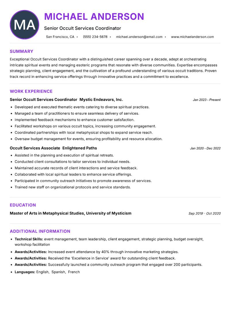 Occult Services Coordinator resume example — ATS-friendly template