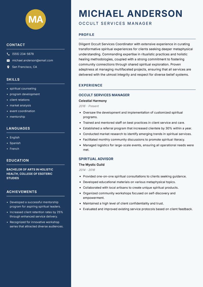 Occult Services Coordinator resume template — Classic Clean