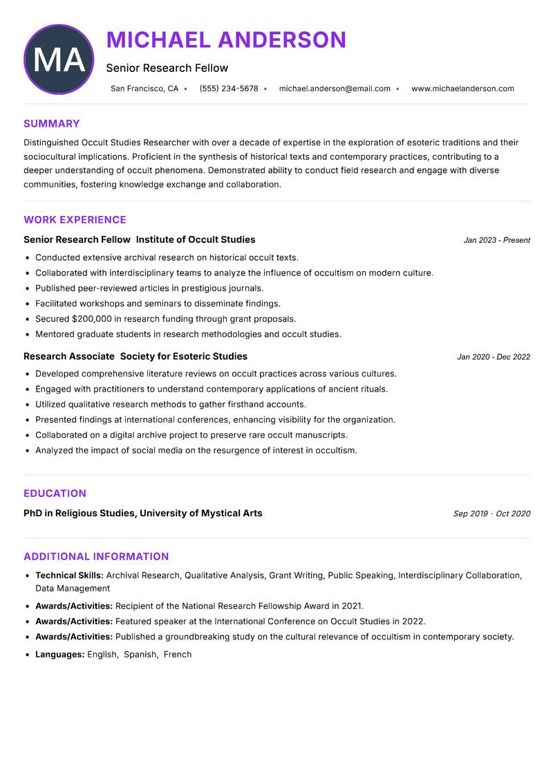 Occult Studies Researcher resume example — ATS-friendly template