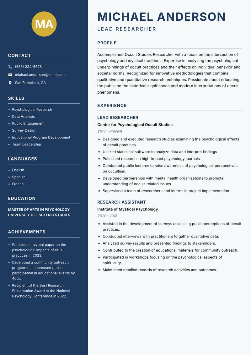 Occult Studies Researcher resume template — Classic Clean