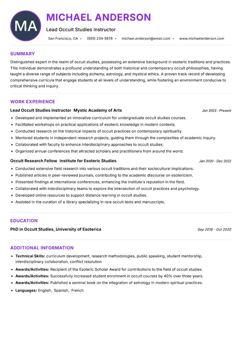 Occult Studies Trainer resume example — ATS-friendly template