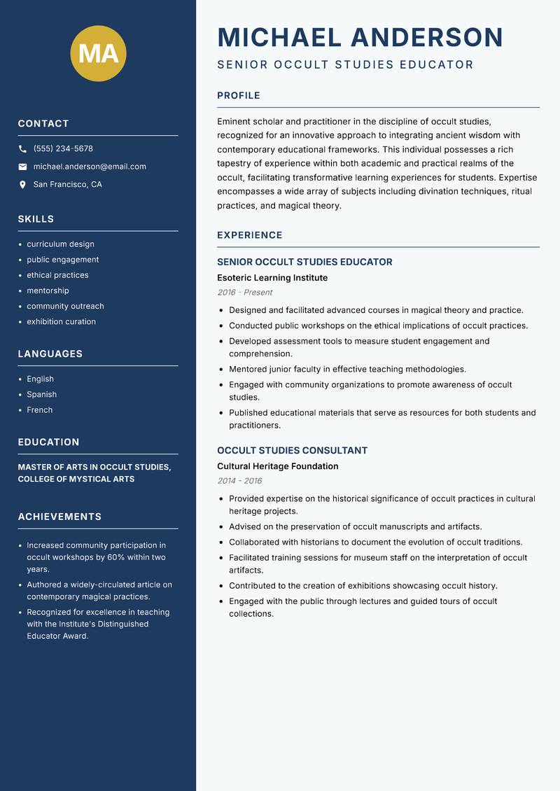 Occult Studies Trainer resume template — Classic Clean