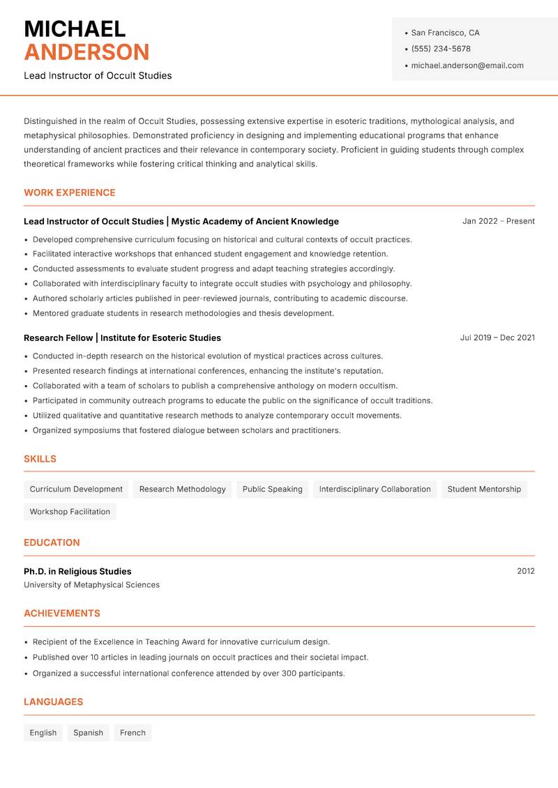 Occult Studies Trainer resume template — Modern Professional