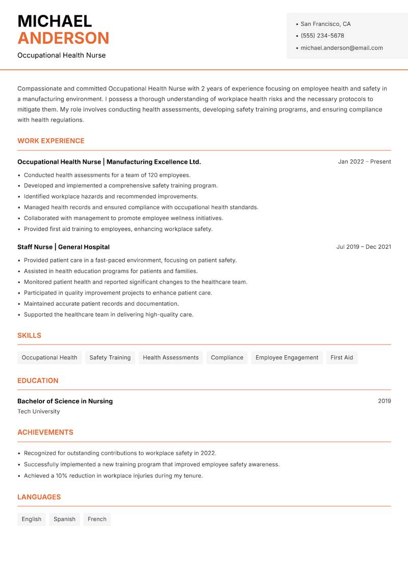 Occupational Health Nurse resume template — Modern Professional