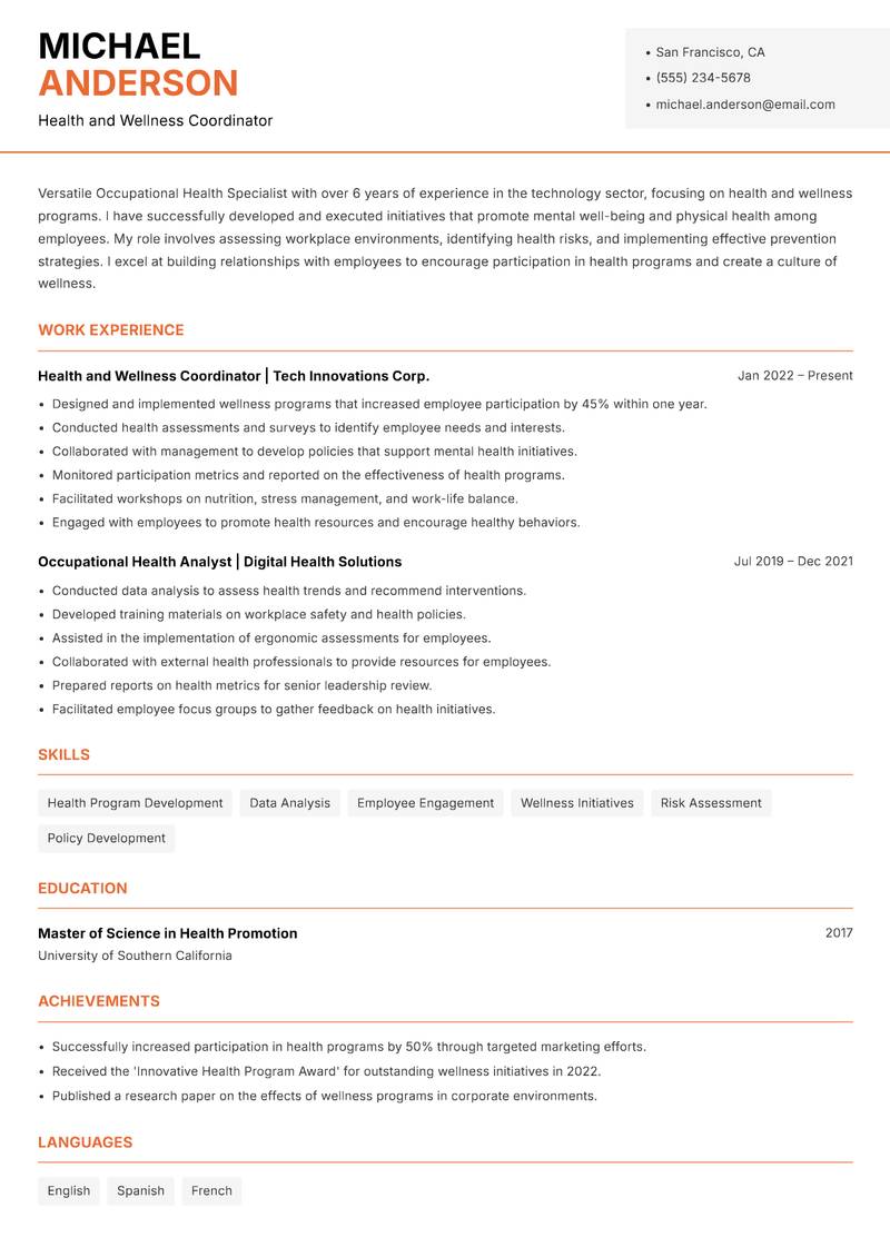 Occupational Health Specialist resume template — Modern Professional