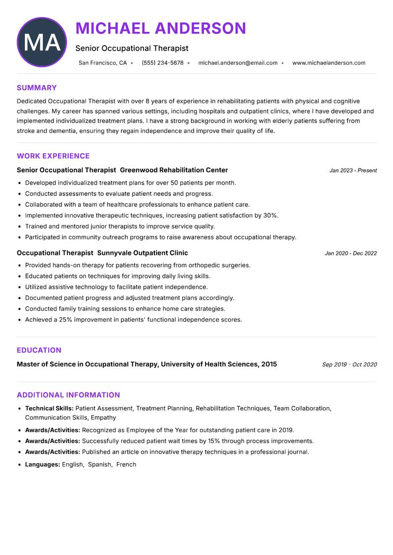 Occupational Therapist resume example — ATS-friendly template