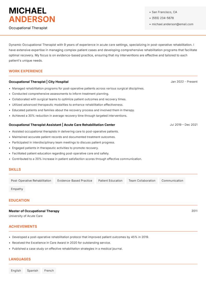 Occupational Therapist resume template — Modern Professional