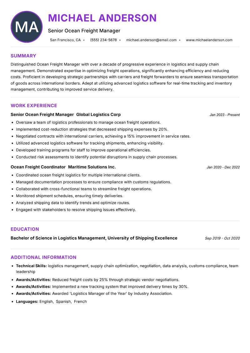 Ocean Freight Manager resume example — ATS-friendly template