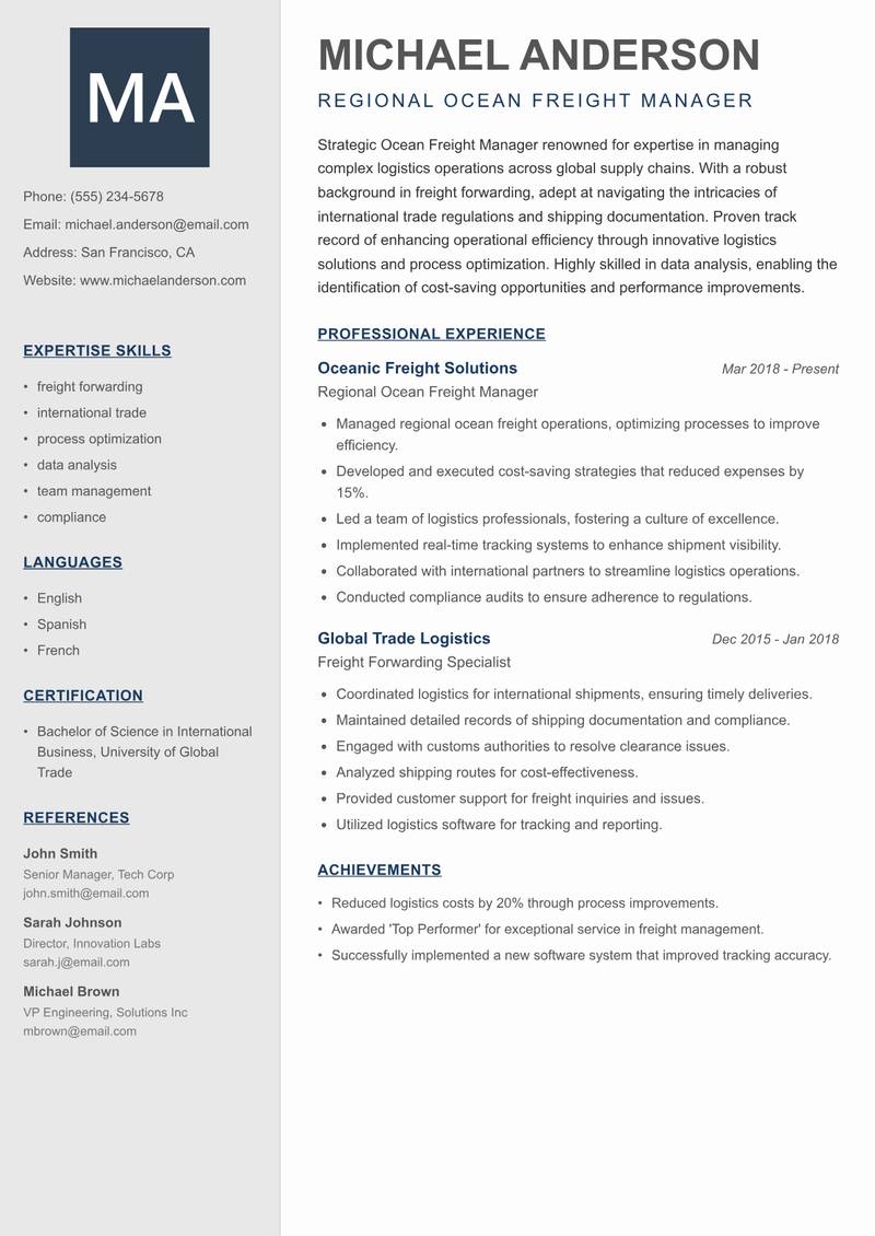 Ocean Freight Manager resume template — Creative Minimal