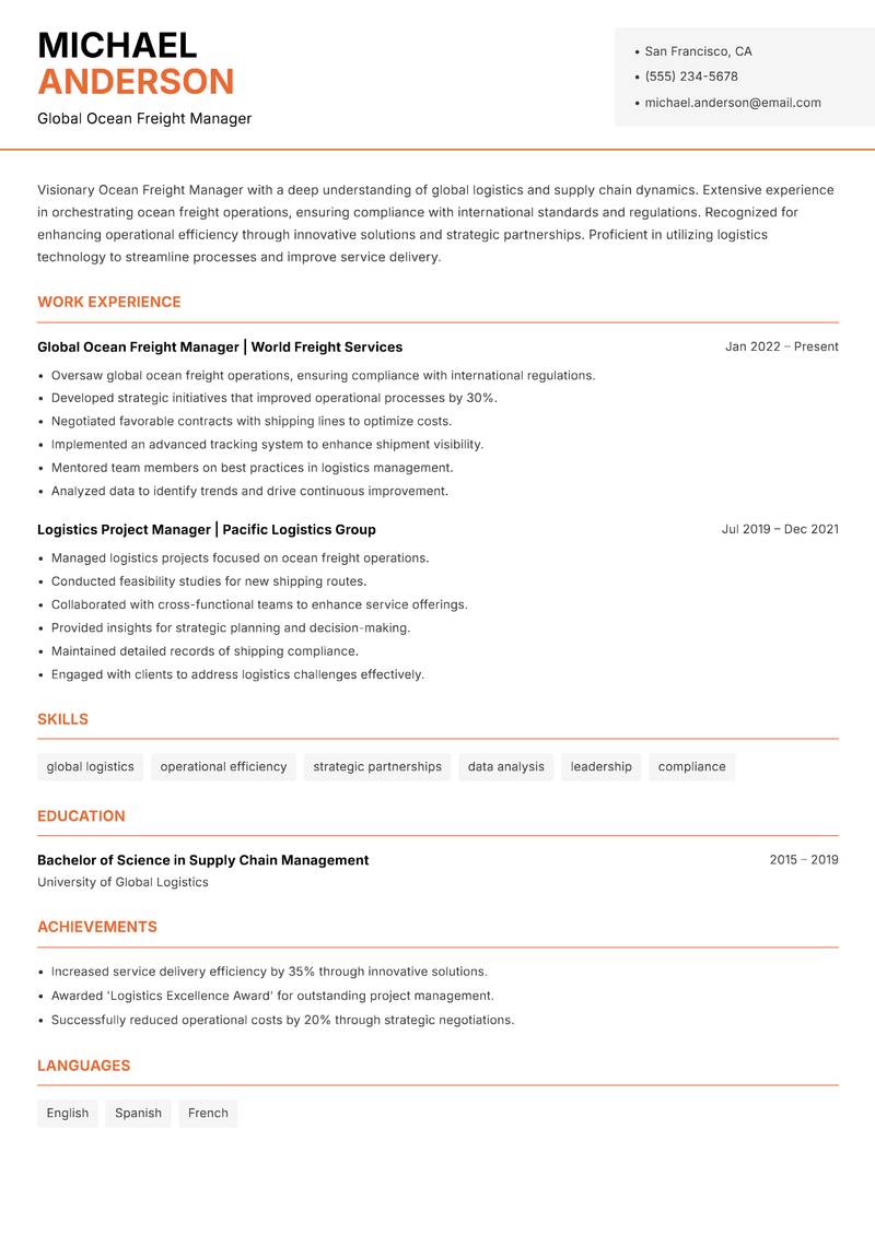 Ocean Freight Manager resume template — Modern Professional