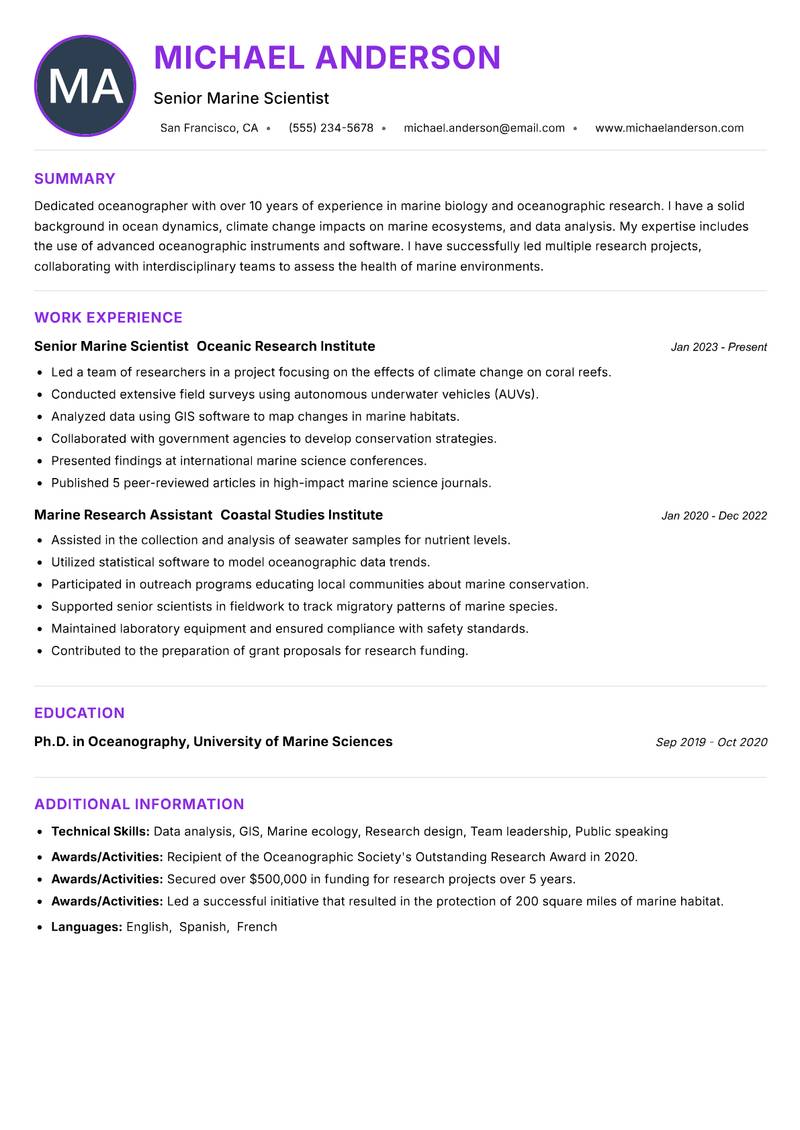 Oceanographer resume example — ATS-friendly template
