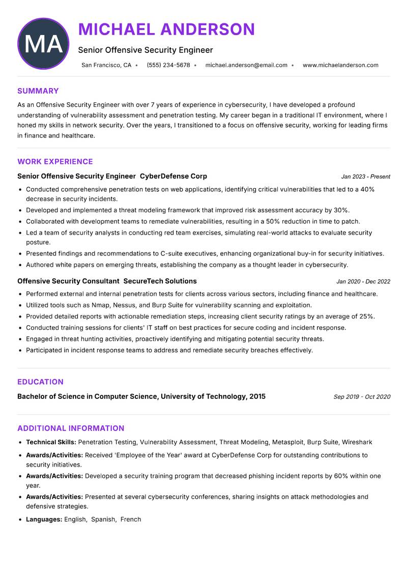 Offensive Security Engineer resume example — ATS-friendly template