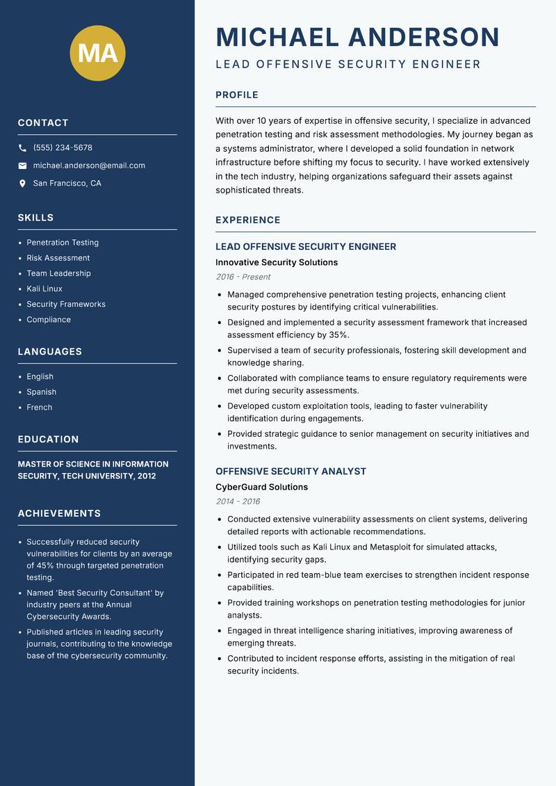 Offensive Security Engineer resume template — Classic Clean
