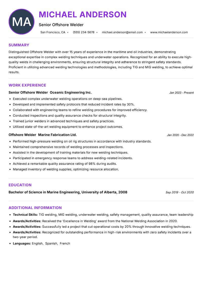 Offshore Welder resume example — ATS-friendly template