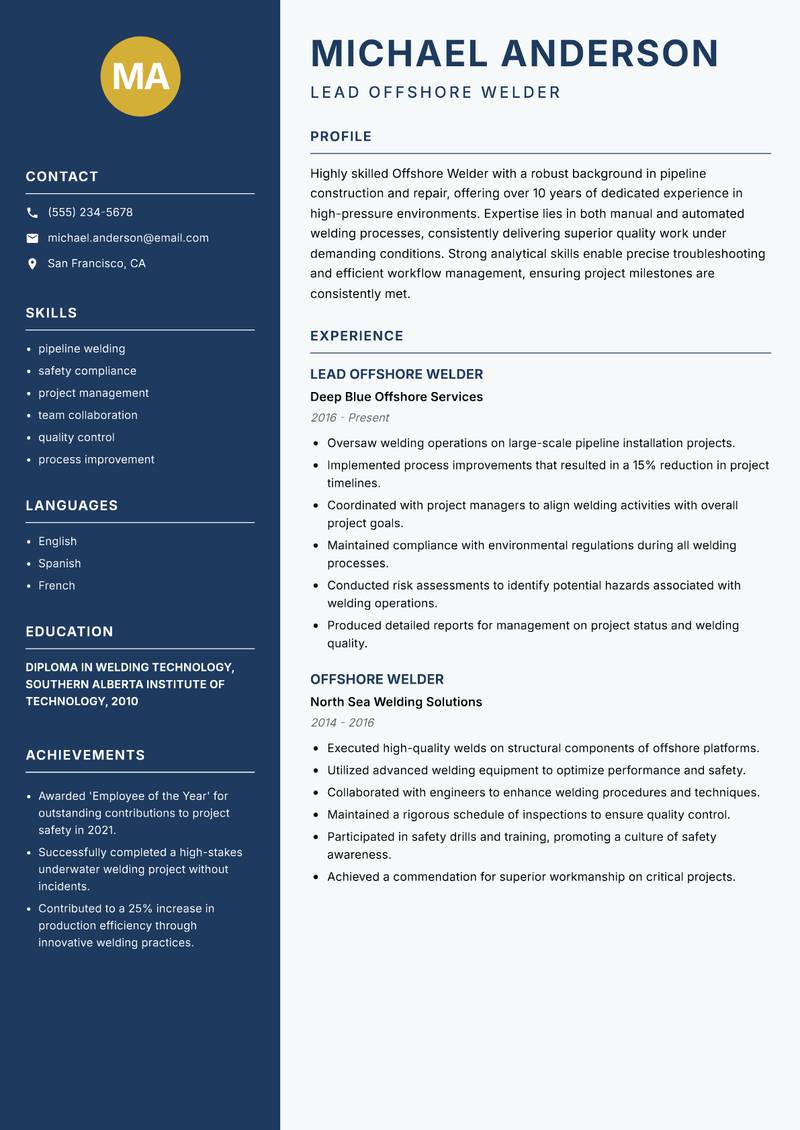 Offshore Welder resume template — Classic Clean