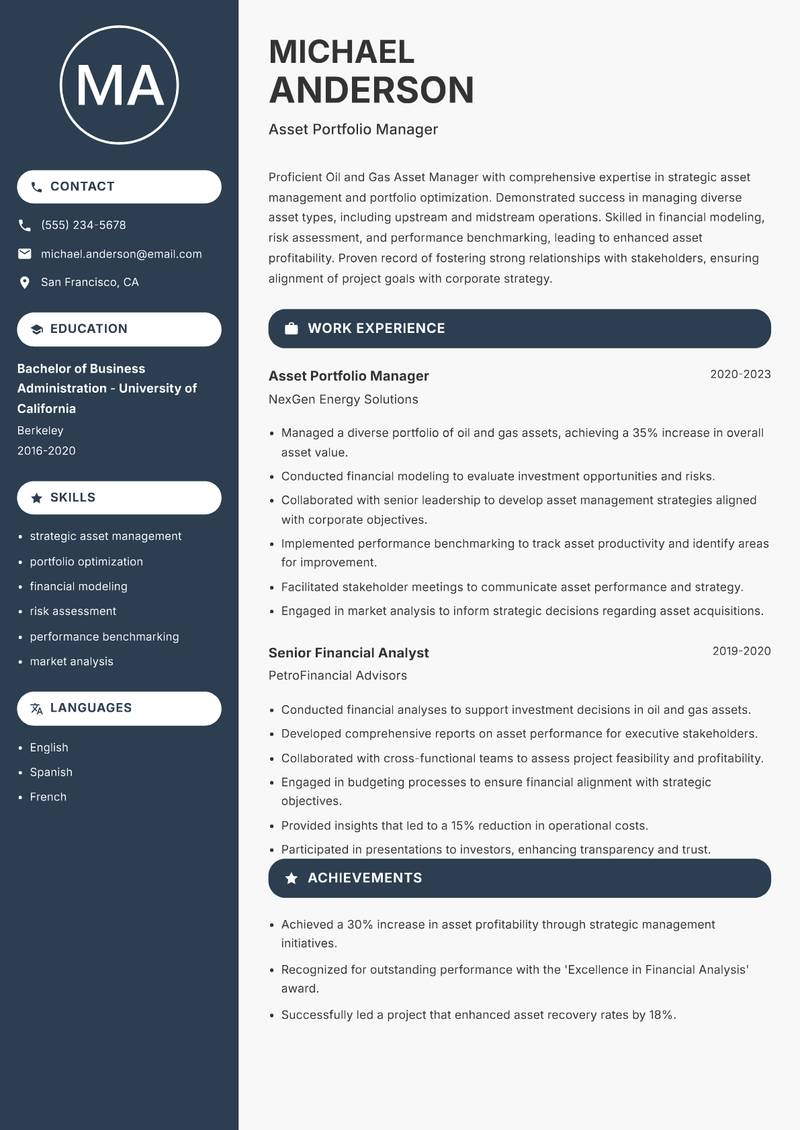 Oil and Gas Asset Manager resume template — Compact