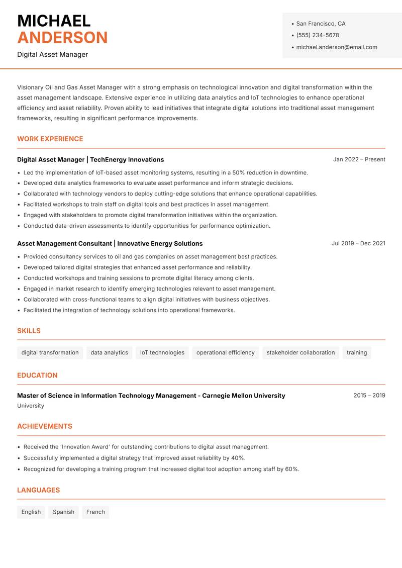 Oil and Gas Asset Manager resume template — Modern Professional