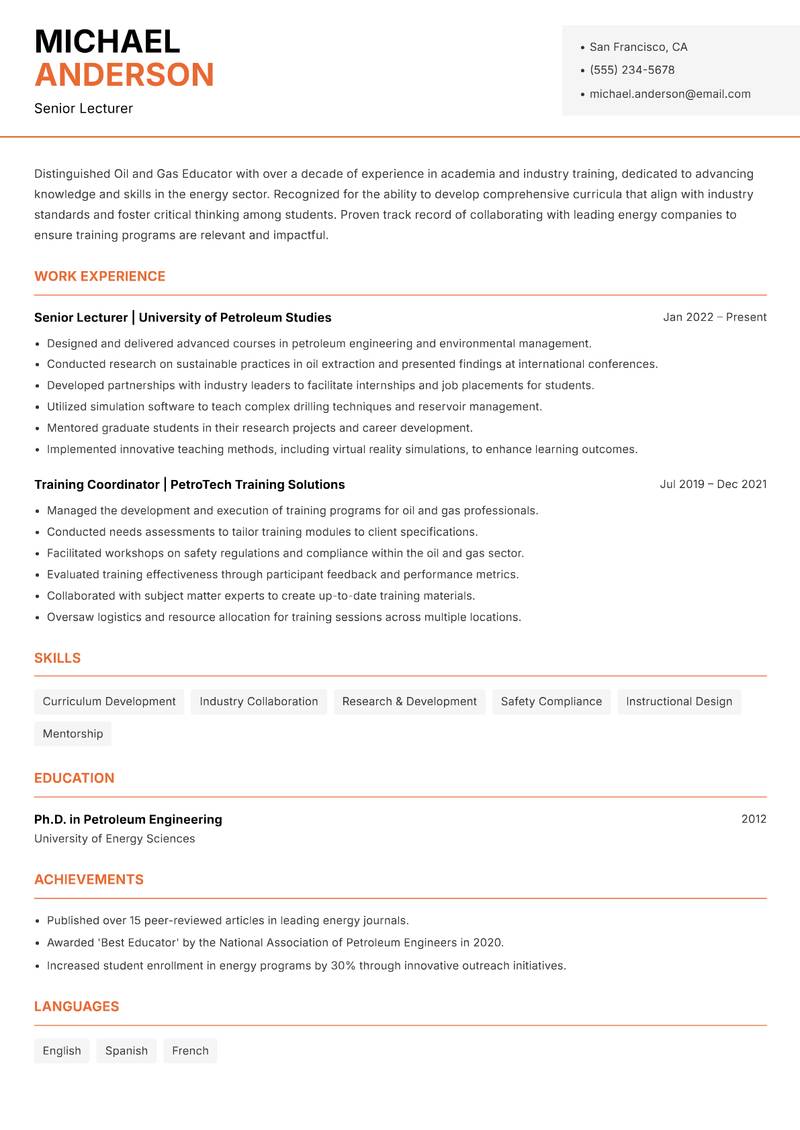 Oil and Gas Educator resume template — Modern Professional