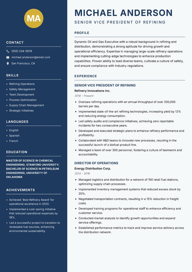 Oil and Gas Executive resume template — Classic Clean
