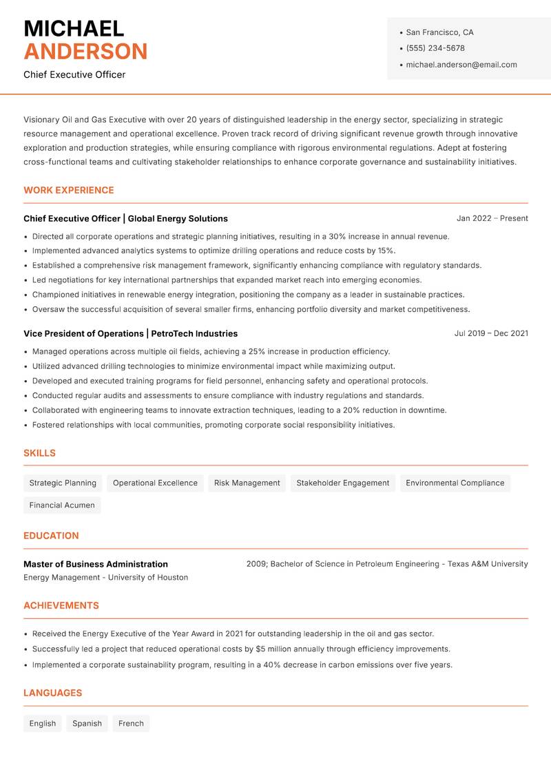 Oil and Gas Executive resume template — Modern Professional