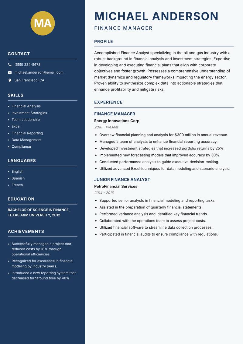 Oil and Gas Finance Analyst resume template — Classic Clean