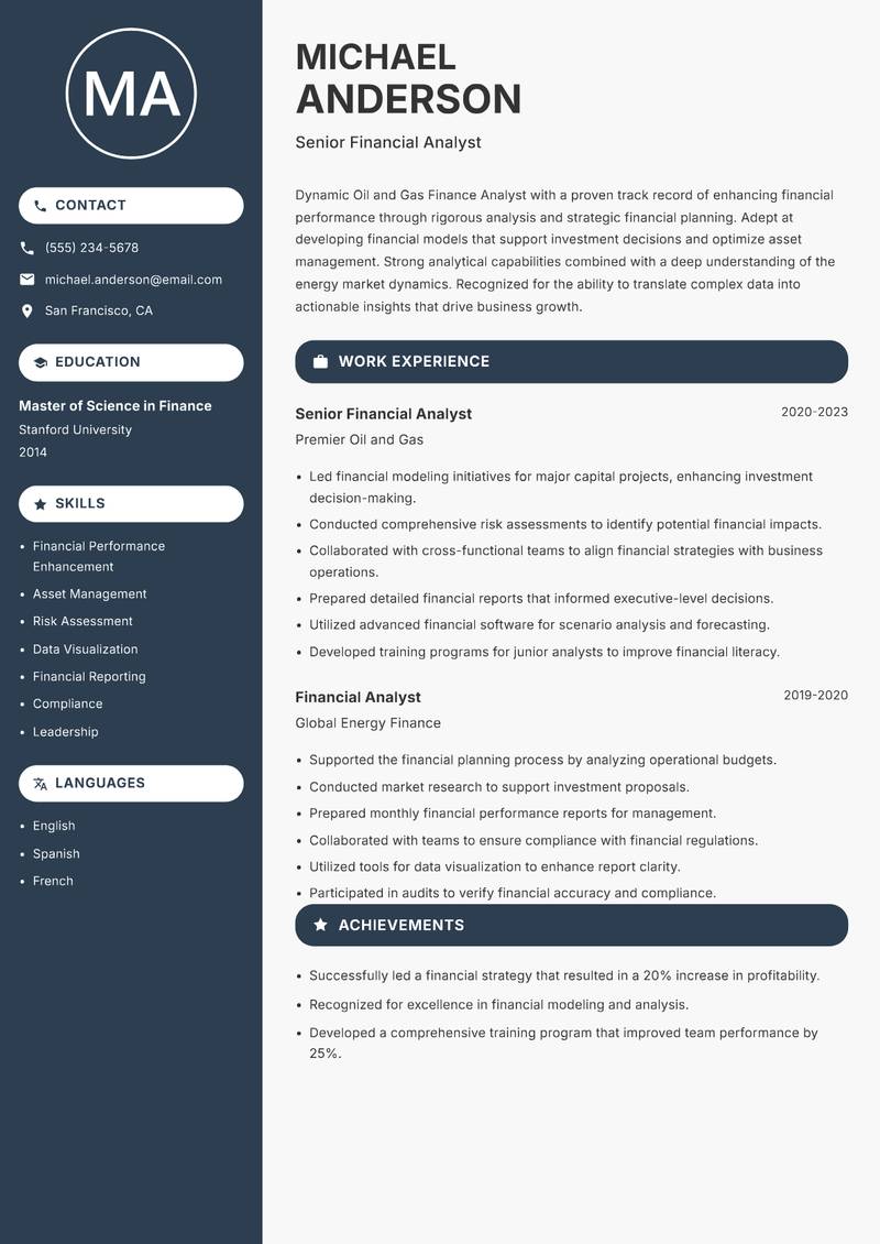 Oil and Gas Finance Analyst resume template — Compact