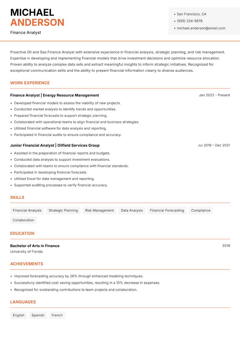 Oil and Gas Finance Analyst resume template — Modern Professional