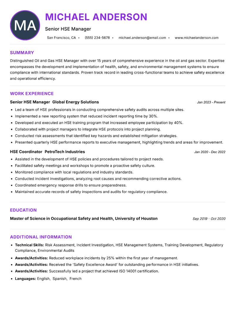 Oil and Gas HSE Manager resume example — ATS-friendly template