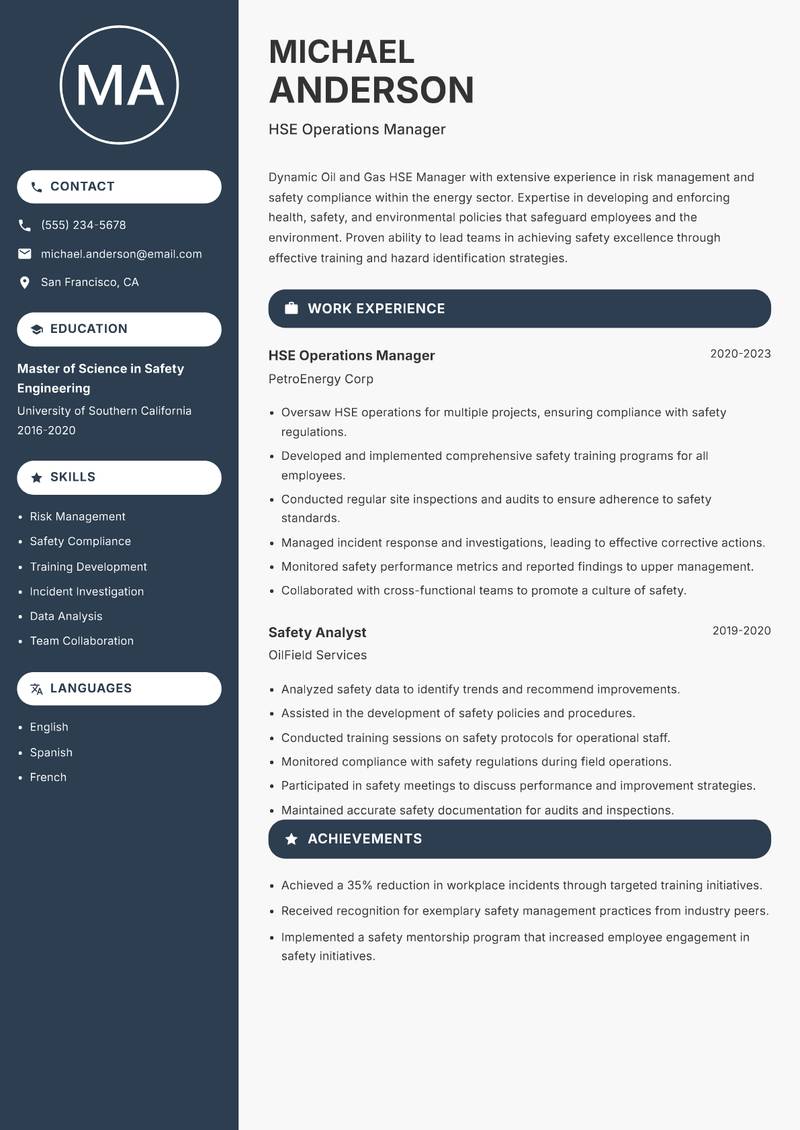 Oil and Gas HSE Manager resume template — Compact