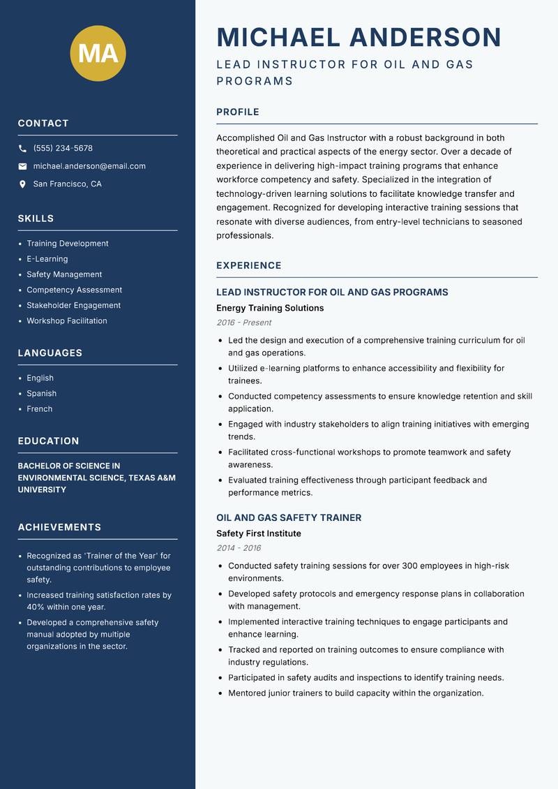 Oil and Gas Instructor resume template — Classic Clean